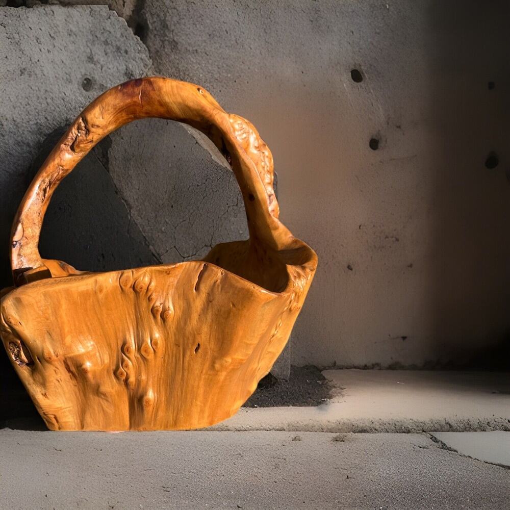 Vintage Burlwood Hand Carved Basket/Bowl with Handle - Picture 7 of 12